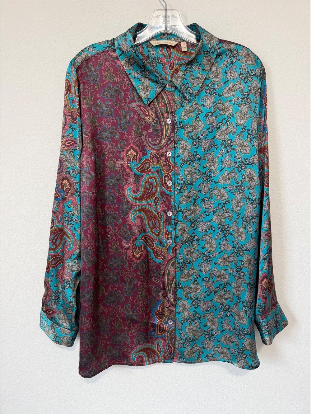 Soft Surrounding 100% Silk Long Sleeve Button Up Boho Artsy Floral Shirt Size 1X